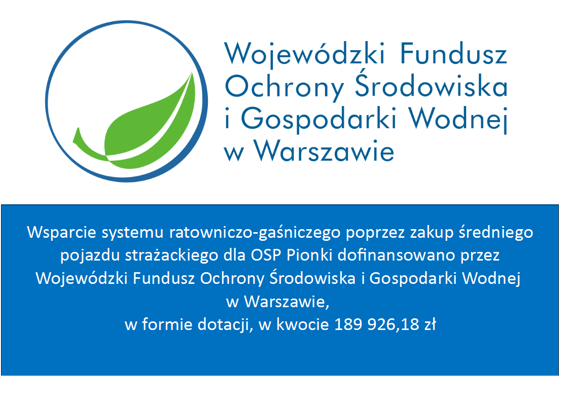 Tablica informująca o dofinansowaniu przez WFOŚiGW zakupu samochodu dla OSP w Pionkach
