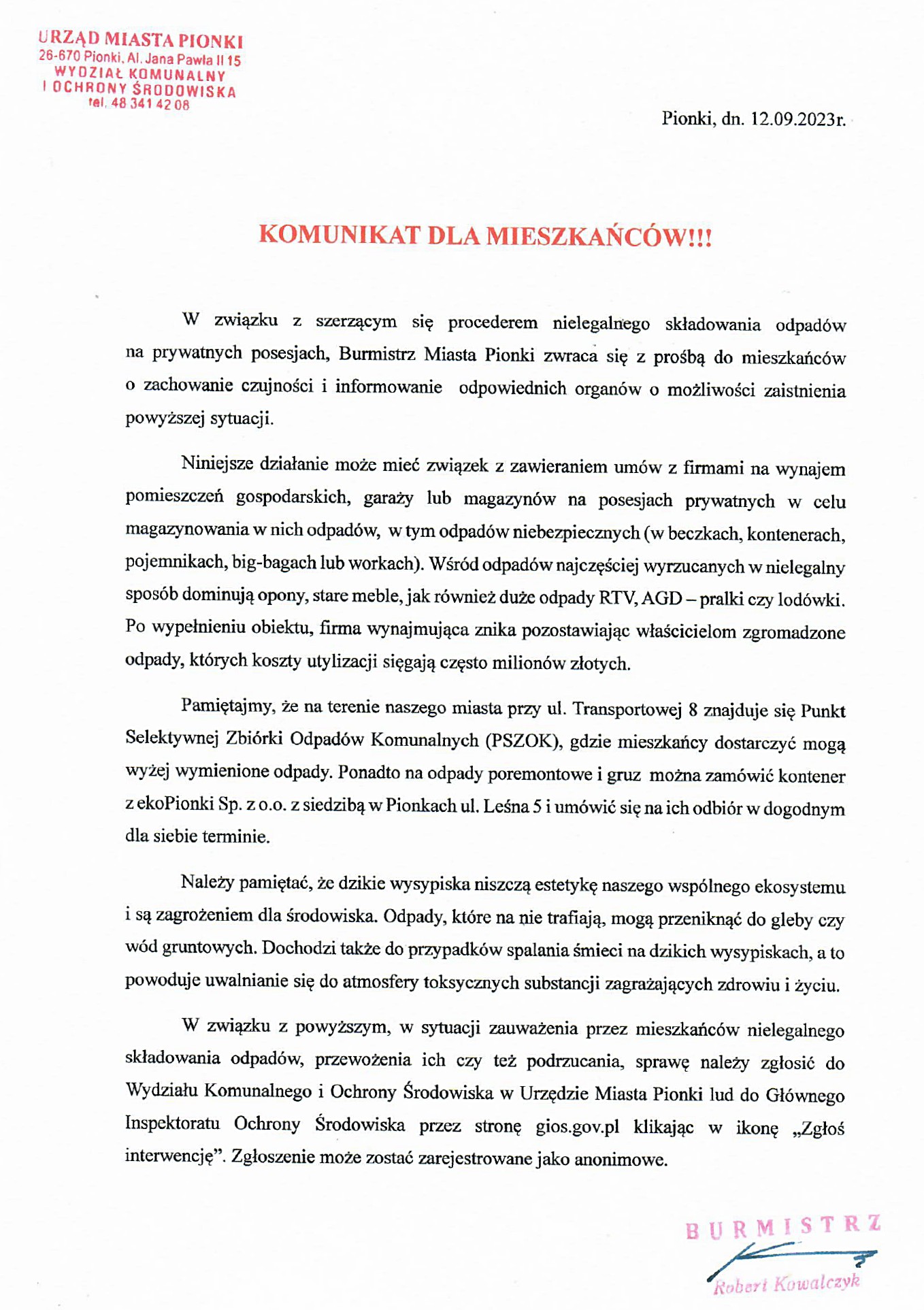 Komunikat - nielegalne składowiska odpadów