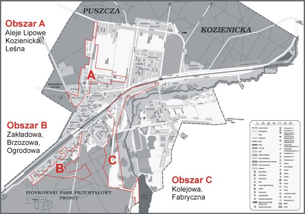 Mapa Pionek z naniesionymi obszarami do rewitalizacji: Obszar A - Aleje Lipowe, Kozienicka, Leśna; Obszar B -Zakłądowa, Brzozowa, Ogrodowa; Obszar C - Kolejowa, Fabryczna